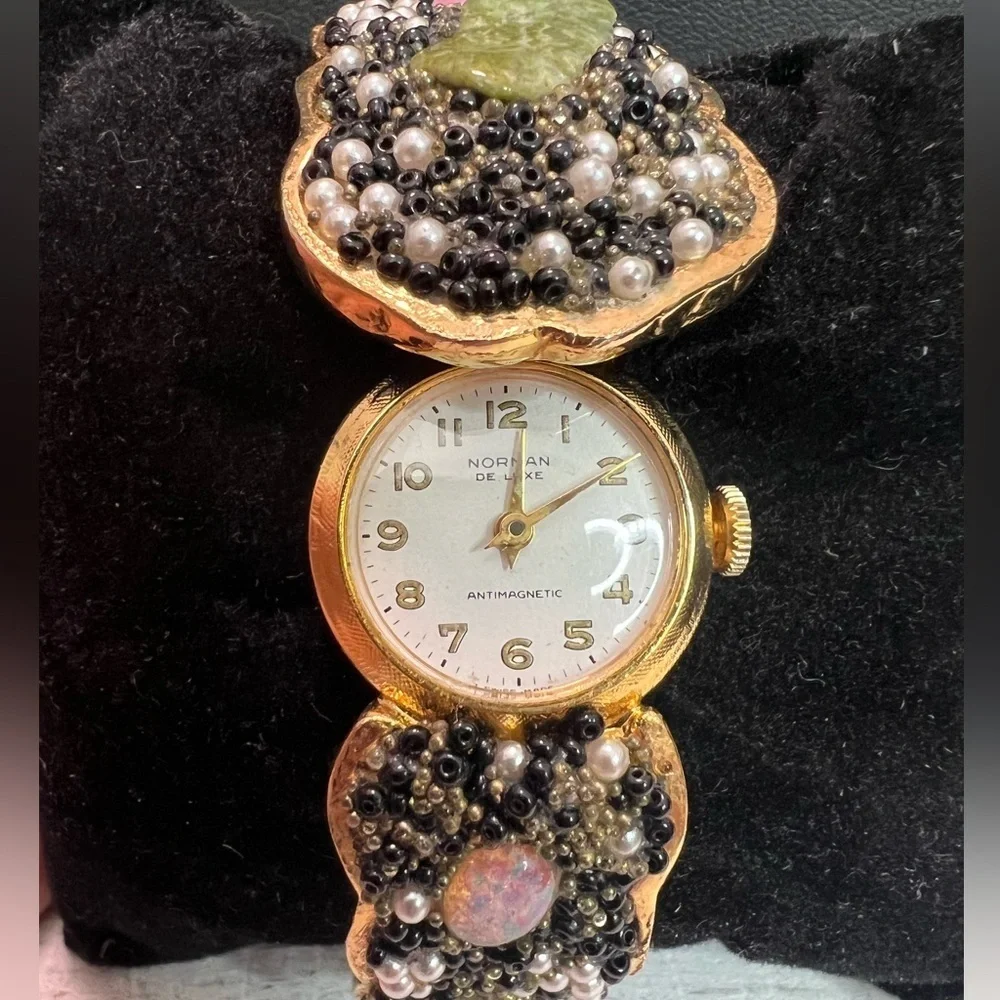 Vintage Norman De Luxe Swiss Made 1950’s-1960’s Wind Up Gemstone Watch 6” W8
